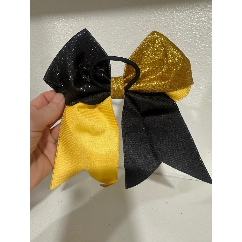 Set of 6 Kids Cheerleader Bows Gold Black Glitter Sparkle‎ Hair Accessories